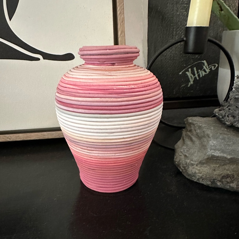 Ceramic flower vase with polymer clay overlay.